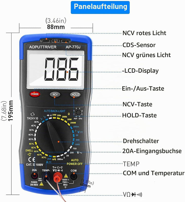 Automotive Multimeter AP-770J Auto Digital Multimeter manueller Streckenauto-Multitester Voltage Det