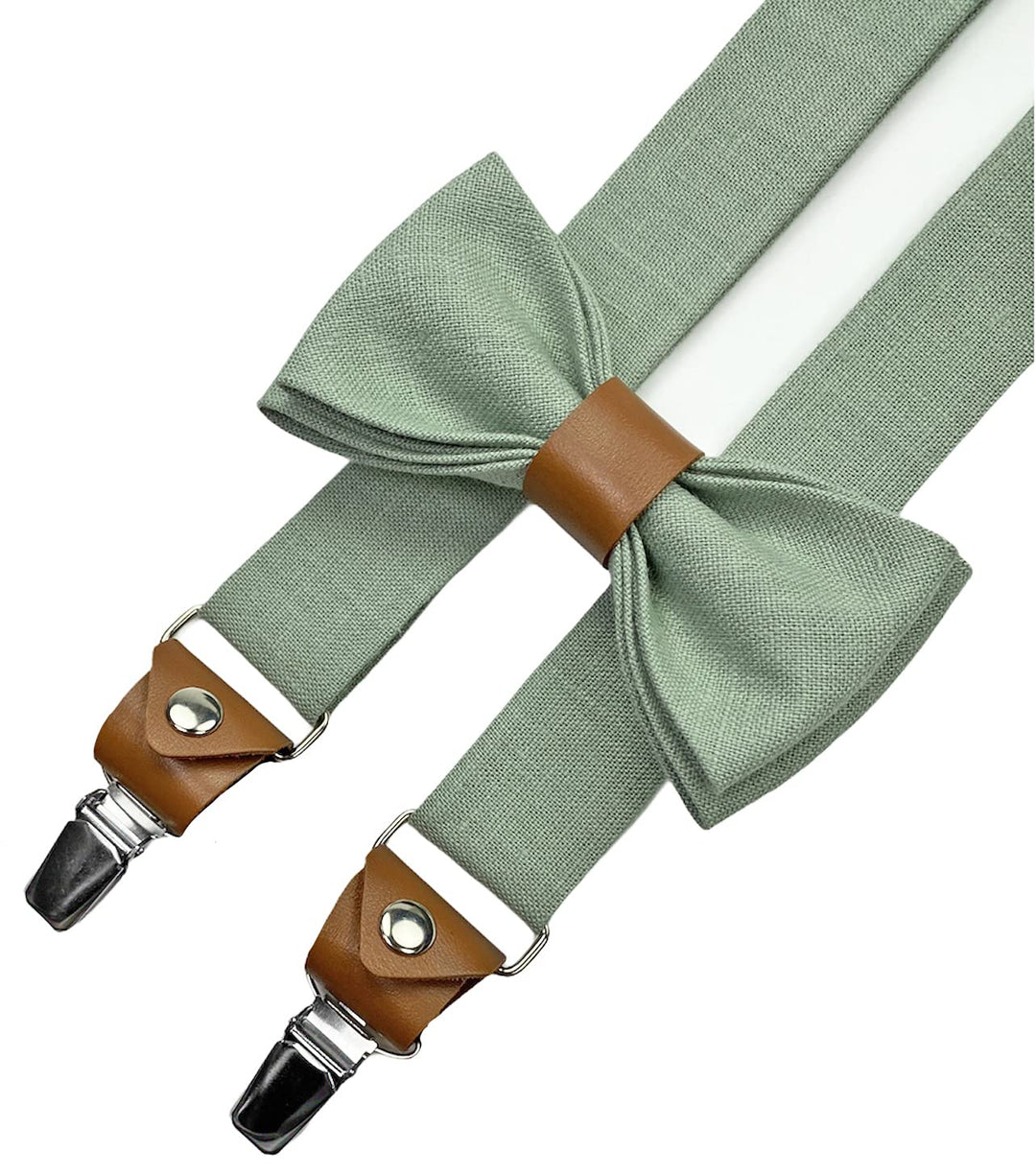 LINILI Leinen Accessoires SET: Fliege und Hosenträger für Herren- mit Leder- Fliege Bereits gebunden