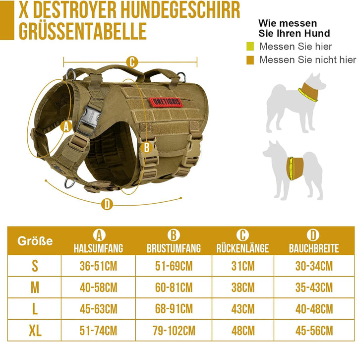 OneTigris Hundegeschirr, X Destroyer Taktisches Geschirr Hund 3 Griffe Heavy Duty Hundeweste mit Met