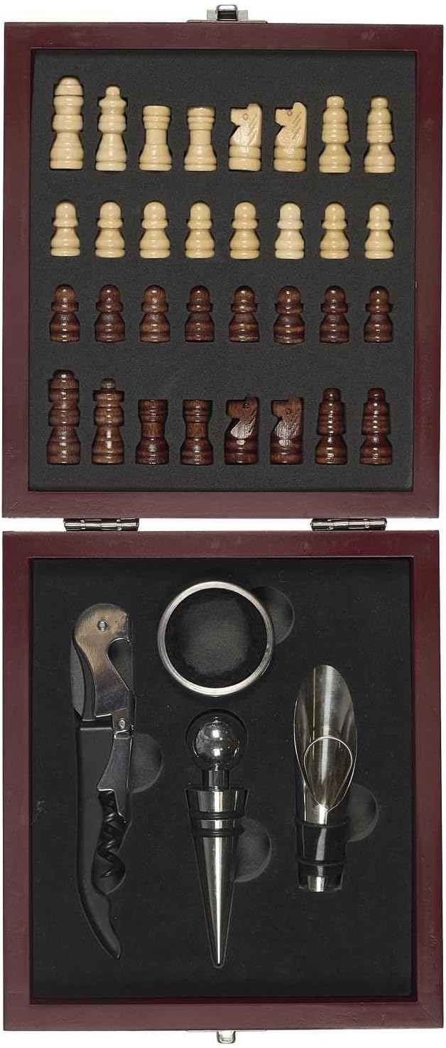 Wein- und Schachset im Holzbox – Elegantes Geschenkset mit Schachbrett, Figuren & Weinaccessoires –
