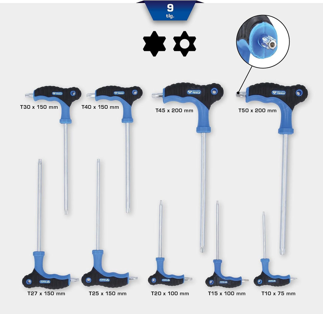 BRILLIANT TOOLS BT041200 T-Griff-Torx-Winkelstiftschlüssel-Satz, 9-TLG. [Powered by KS Tools]