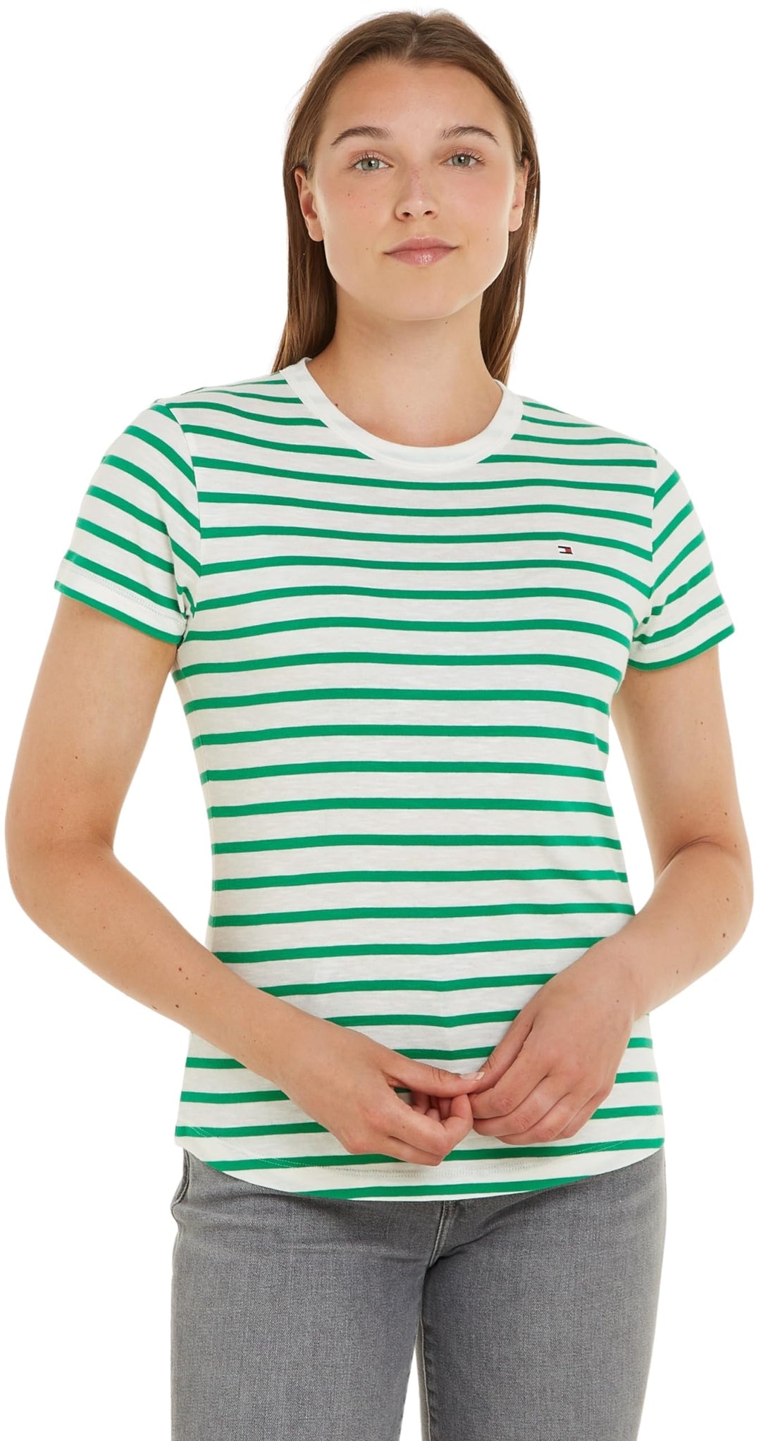 Tommy Hilfiger Damen T-Shirt Kurzarm 1985 Slub Slim Fit XL Grün (Breton Ecru/Olympic Green), XL Grün