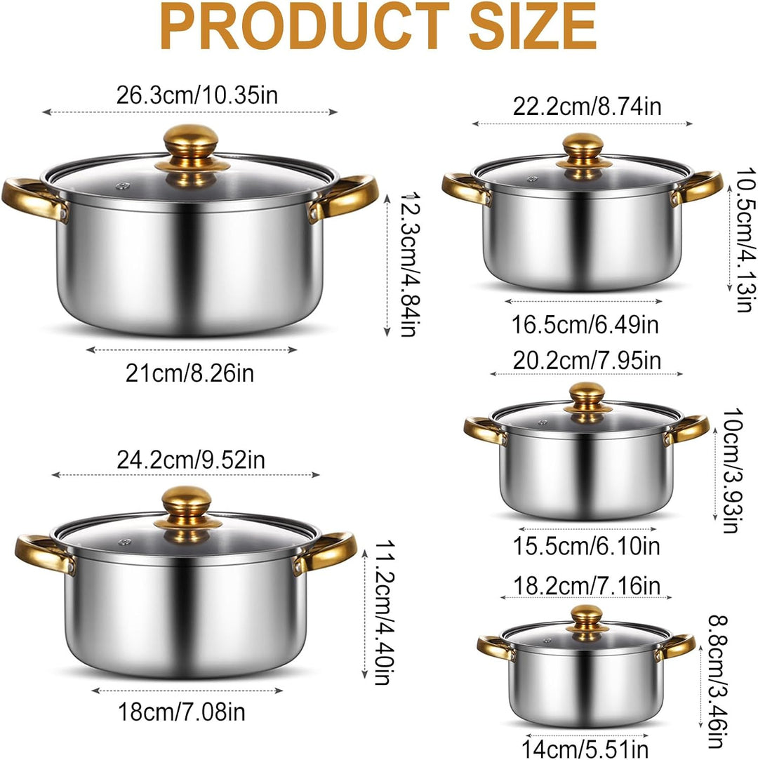 10-teilig Topfset aus Edelstahl mit Deckel, Durchmesser 18/20/22/24/26 cm | Topfset Induktion 10-Tei