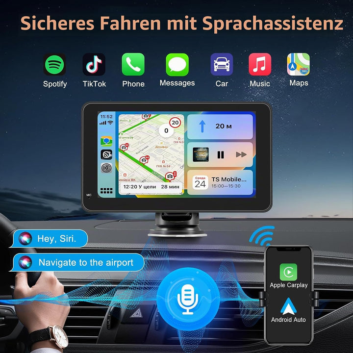 7 Zoll Wireless Carplay Display für Apple Carplay &amp; Android Auto, Tragbares Autoradio mit 2.5D HD To