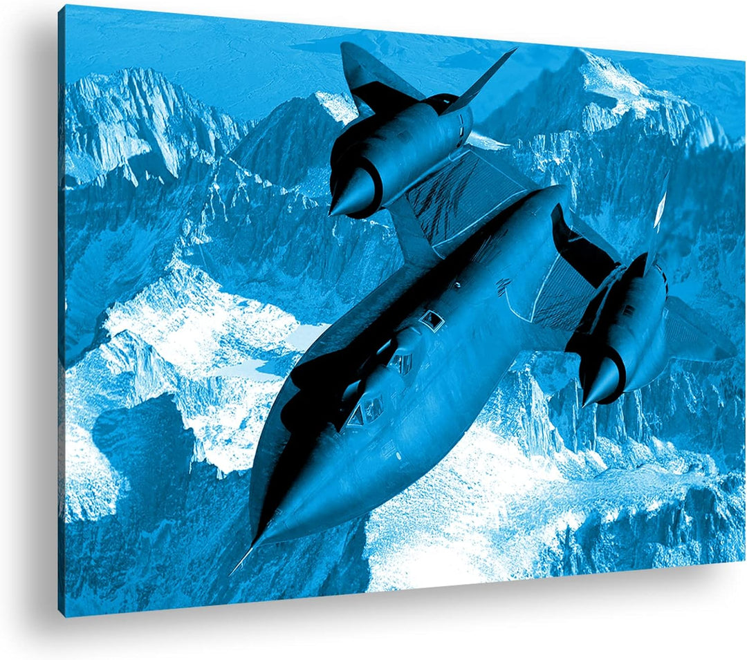 schwarzer Jet über den Bergen Format 80x60 Effekt: Monocrome Blau als Leinwandbild, Motiv fertig ger