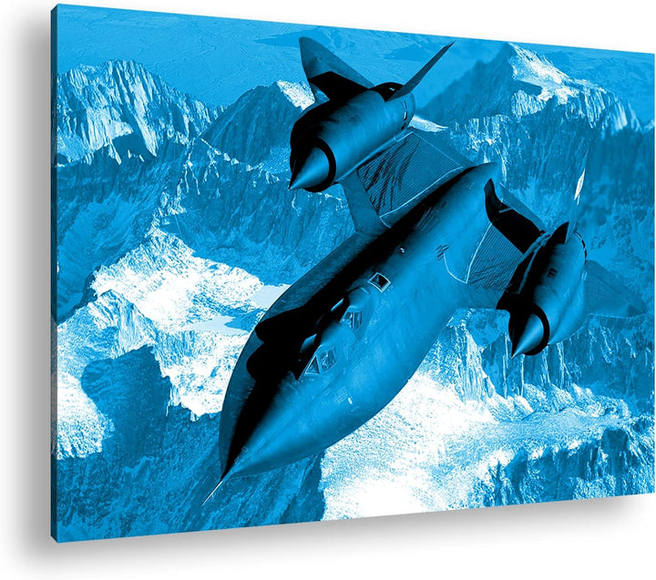 schwarzer Jet über den Bergen Format 80x60 Effekt: Monocrome Blau als Leinwandbild, Motiv fertig ger