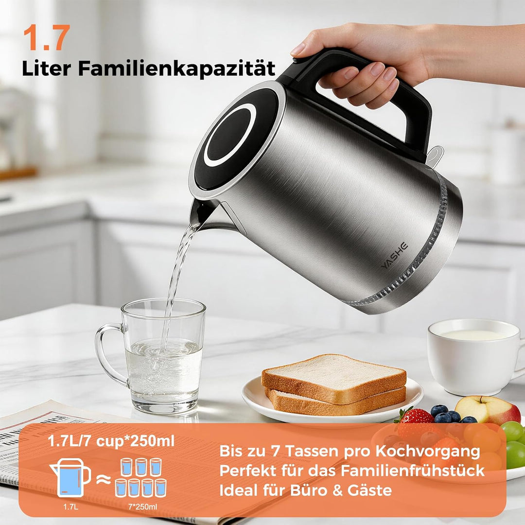 YASHE Wasserkocher Edelstahl 1,7L, 2200W Schneller Elektrischer Wasserkocher mit Kalkfilter, Wasserk