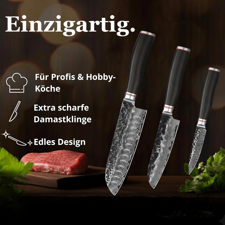 Wakoli Ebo 3er Damastmesser Set mit 9-18cm Klingen mit Hammerschlag gefertigt aus 67 Lagen echtem Da
