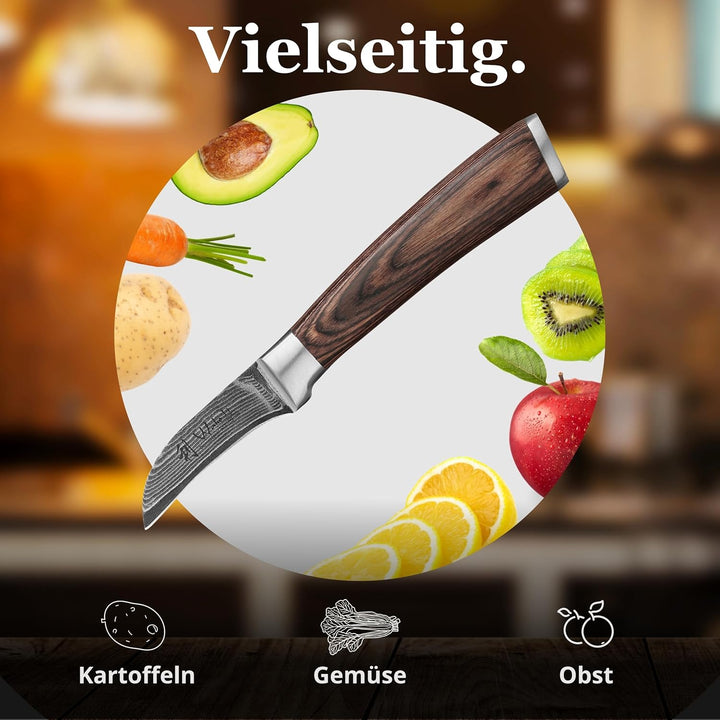 Wakoli Edib Damast Schälmesser I Scharfe 6 cm Klinge aus 67 Lagen Damaststahl mit VG10 Kern und Grif
