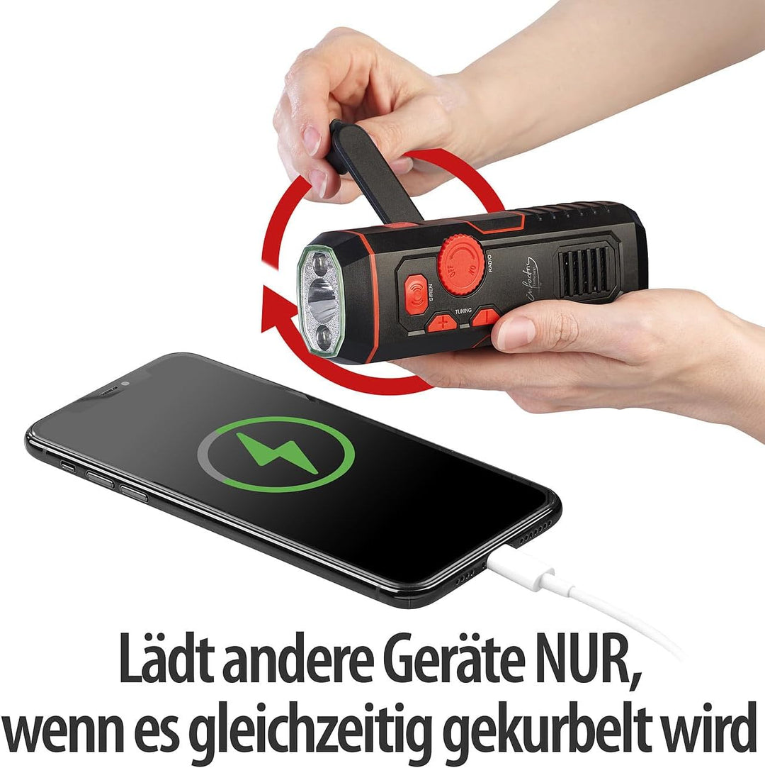 infactory Radio mit Kurbel: Dynamo-FM-Radio und Taschenlampe mit 120-dB-Sirene, USB-Ladefunktion (So