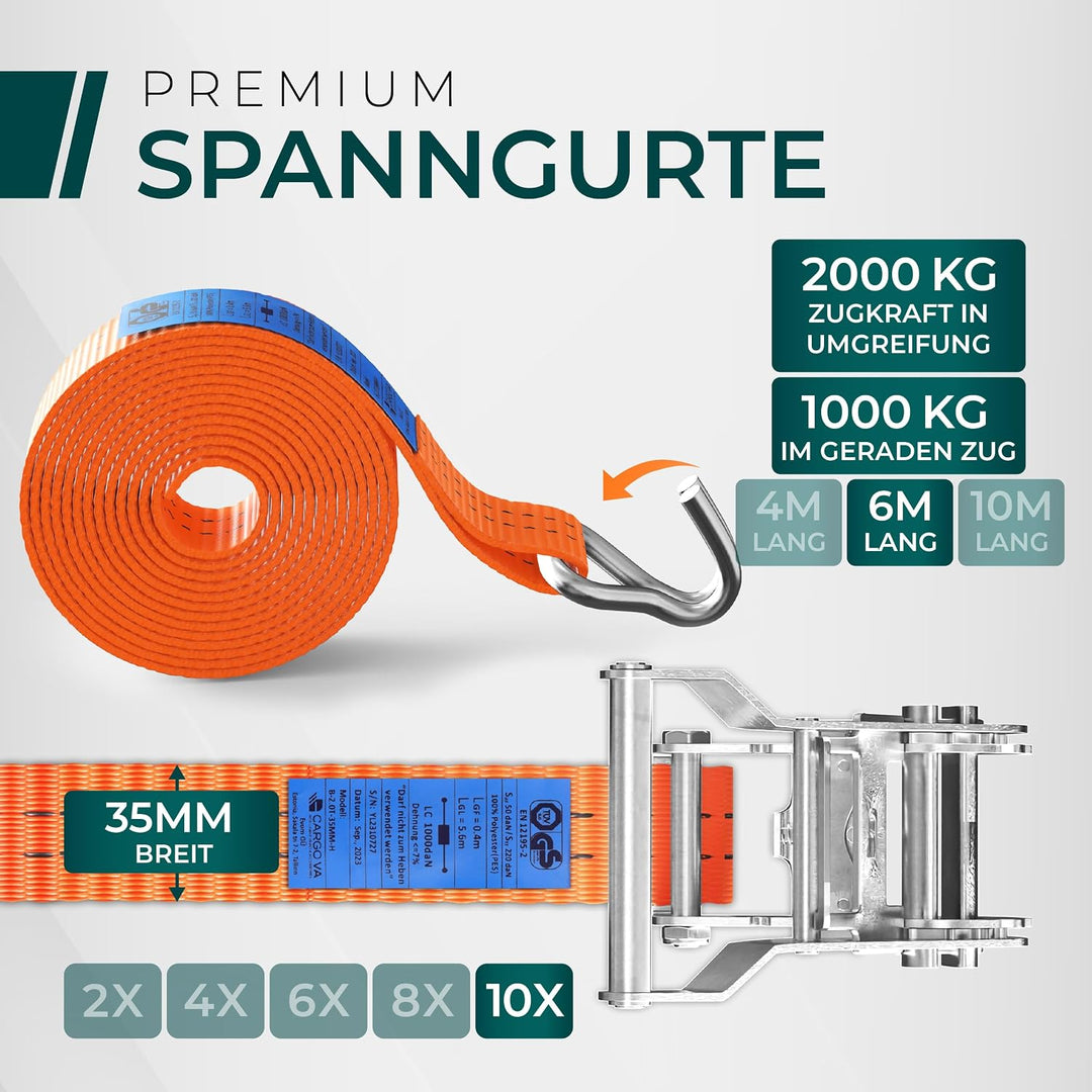 Schwerlast Spanngurte mit Ratsche 2000kg 6M 35MM – TÜV/GS (DIN EN 12195-2) – Zurrgurte mit Haken in