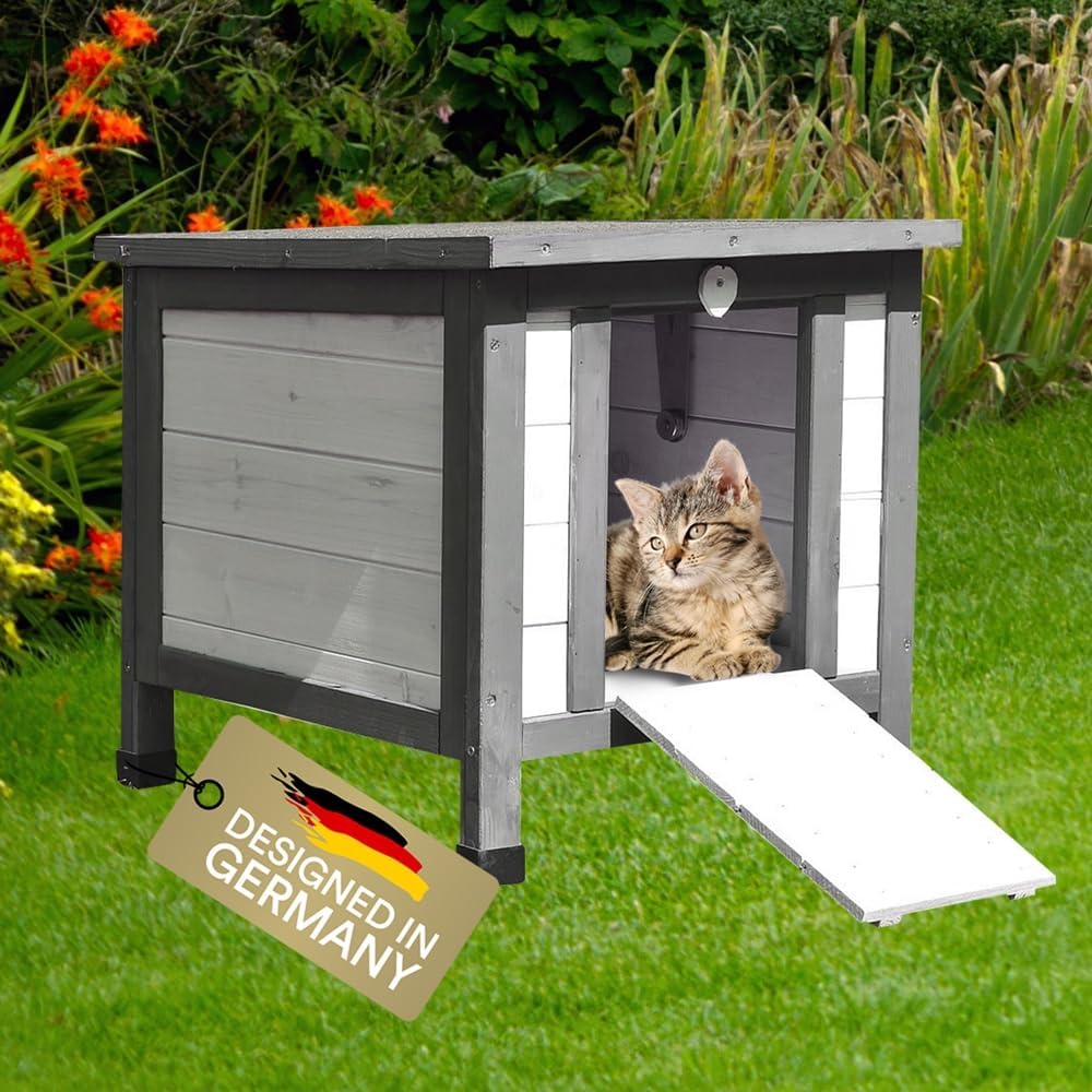 Melko Katzenhaus Grau/Weiss 50 x 45 x 43 cm mit klappbarem Deckel und Rampe, Winterfest