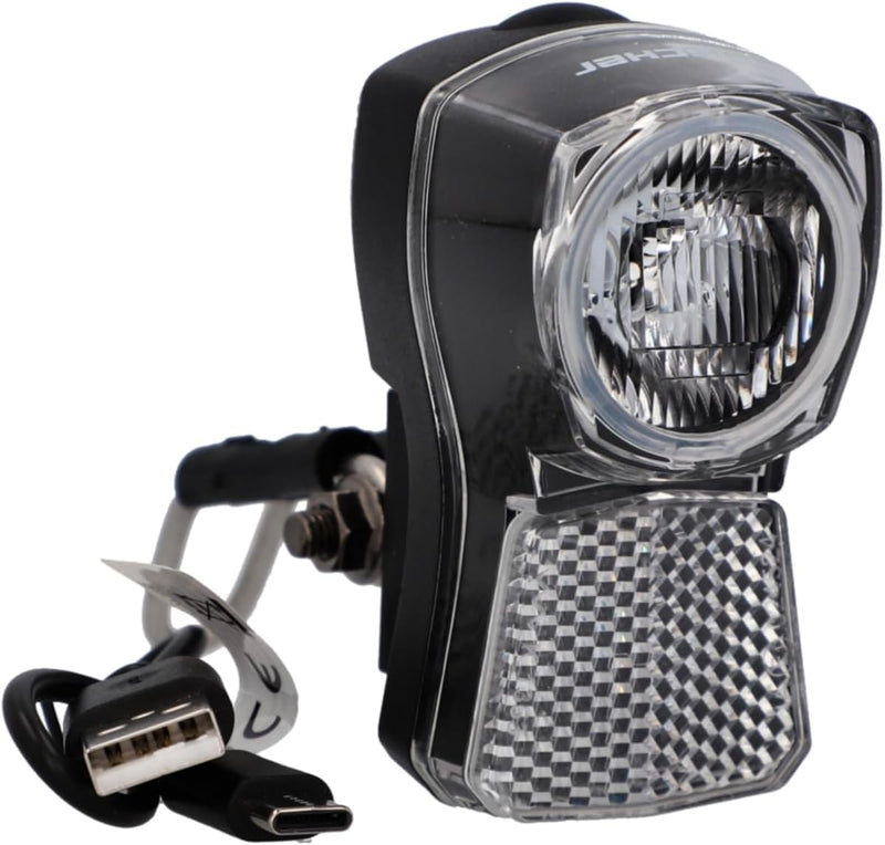 FISCHER Fahrrad LED-Frontlicht 45/20 Lux, mit Akku und USB-Ladefunktion, Dynamo-Look, Spritzwassersc