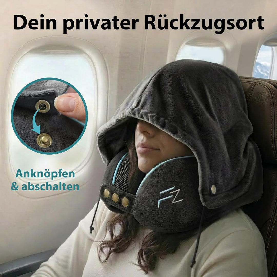 FLOWZOOM Comfy Nackenkissen Flugzeug & Auto mit Kapuze - Einstellbares Memory Foam Reisekissen mit D