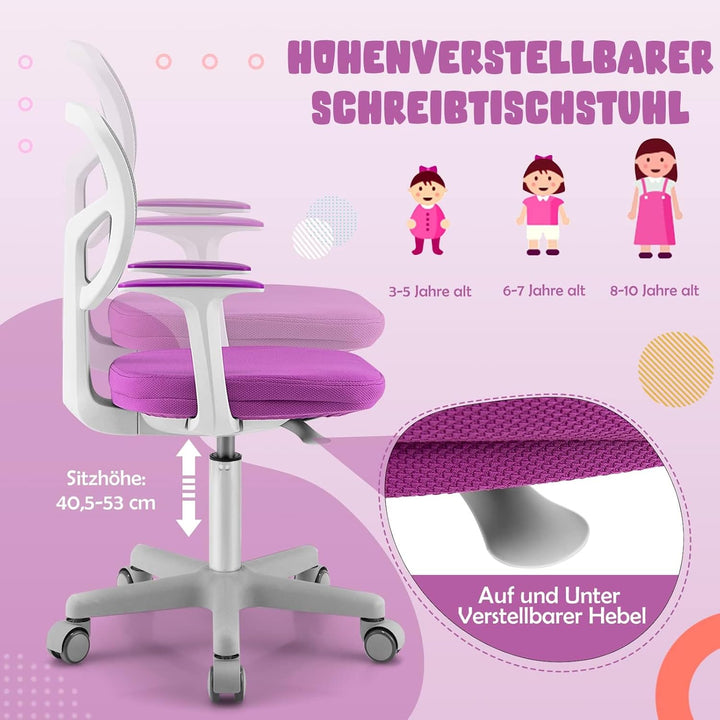 COSTWAY 360° Drehbarer Kinderschreibtischstuhl, 80-91,5 cm Höhenverstellbarer Jungendstuhl mit Rücke