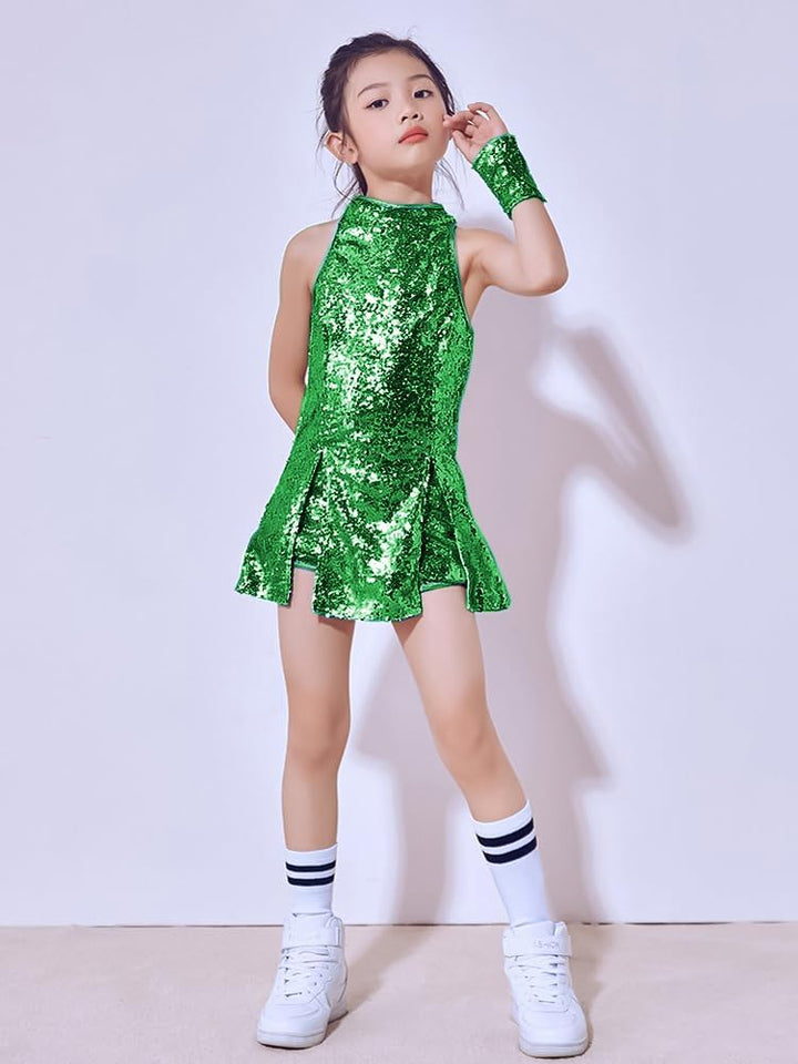 LOLANTA Mädchen Pailletten-Kostüm Hip Hop Dancewear Funkelndes Tanzkleid Gesetzt 8-9 Jahre Grün, 8-9