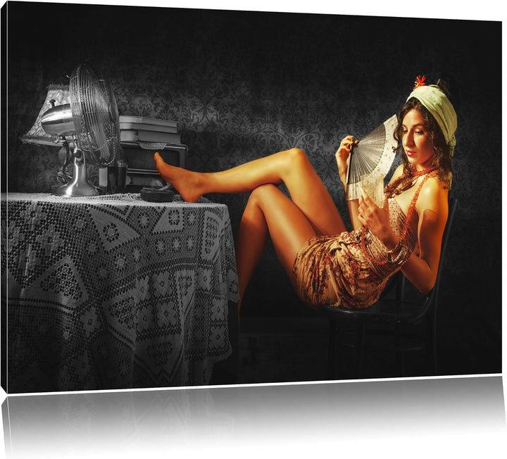 altmodische Dame mit Fächer und Drink schwarz/weiss Format: 100x70 auf Leinwand, XXL riesige Bilder