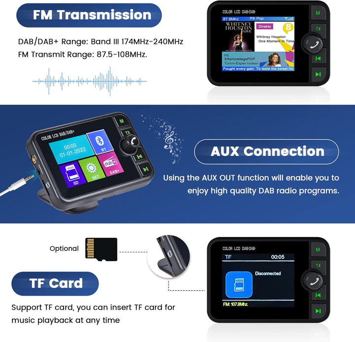 Hikity DAB/DAB+ Radio Adapter für Autoradio/Hausgebrauch, 2,4" LCD Tragbares Autoradio DAB mit FM Tr