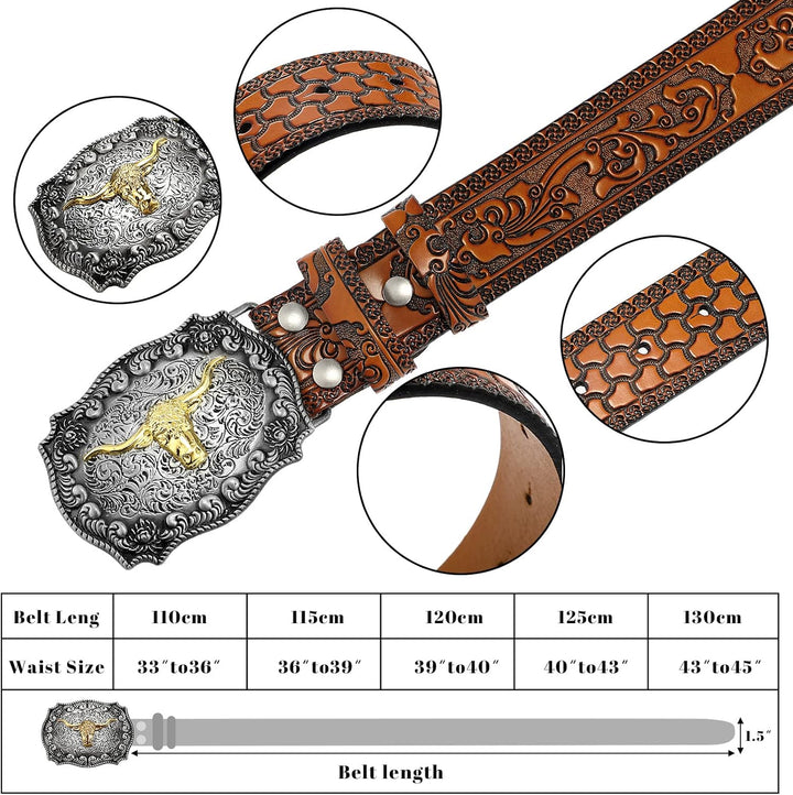 Jadive Herren Gürtel Western Cowboy Bull Leder Gürtel Schnalle mit Blumen Gravur Kamel 43 Pulgadas,