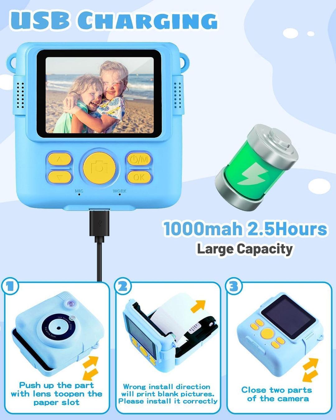 Kinderkamera Spielzeug, 2.4 Zoll Bildschirm DIY Sofortbildkamera Kinder, 1080P HD-Video Digitalkamer
