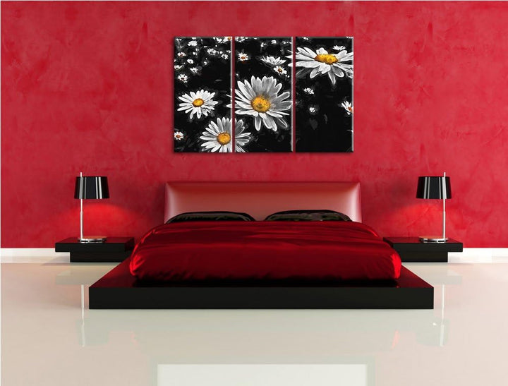Dark viele kleine Margariten schwarz/weiss Deluxe 3-Teiler Leinwandbild 120x80 Bild auf Leinwand, XX
