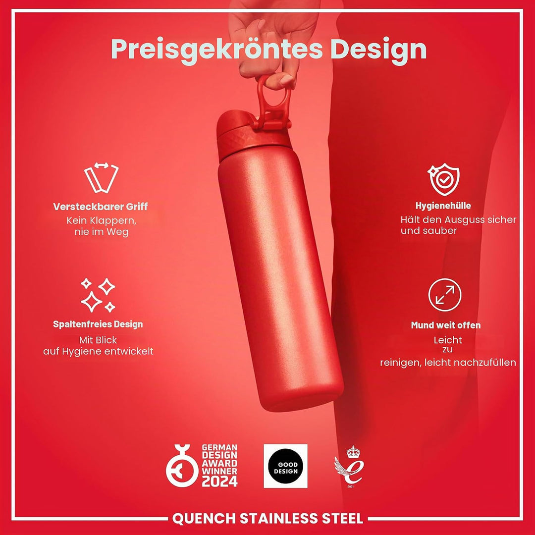 Ion8 1 Liter Edelstahl Trinkflasche, Auslaufsicher, Einhandöffnung, Sichere Verriegelung, Spülmaschi