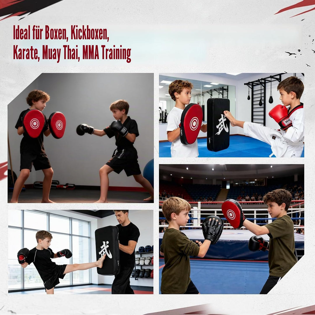3 in 1 Handpratzen Set für Boxen &amp; Kickboxen, 2x Box Pratzen aus PU Leder + 1x Kick Pad, Schlagpolst