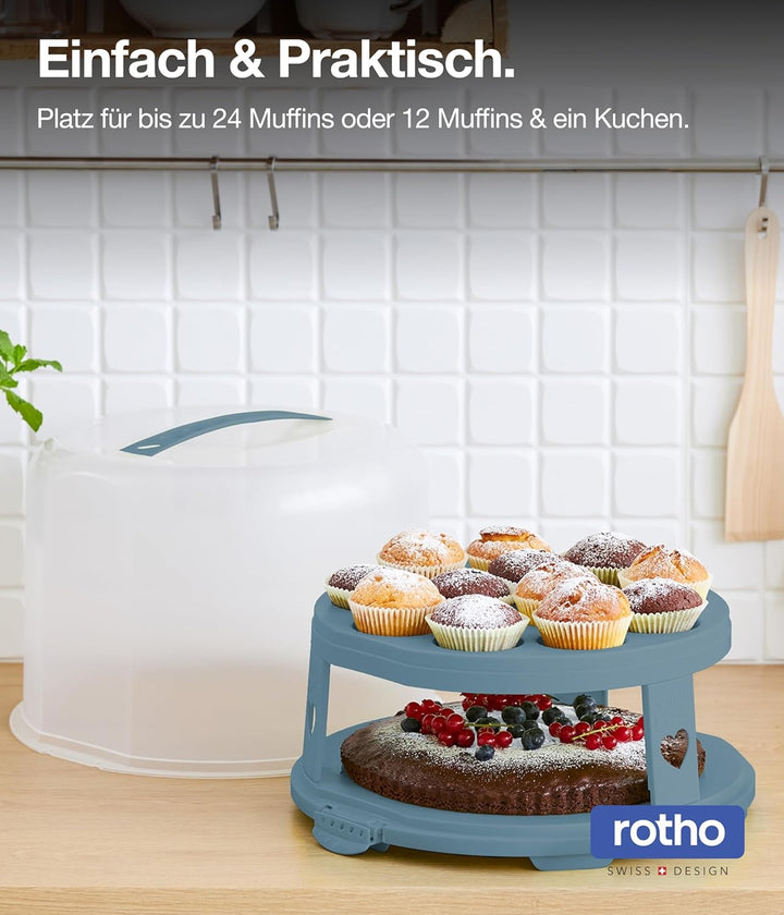 Rotho Fresh Tortenglocke hoch mit Trays, lebensmittelechter Kunststoff (PP) BPA-frei, blau/transpare