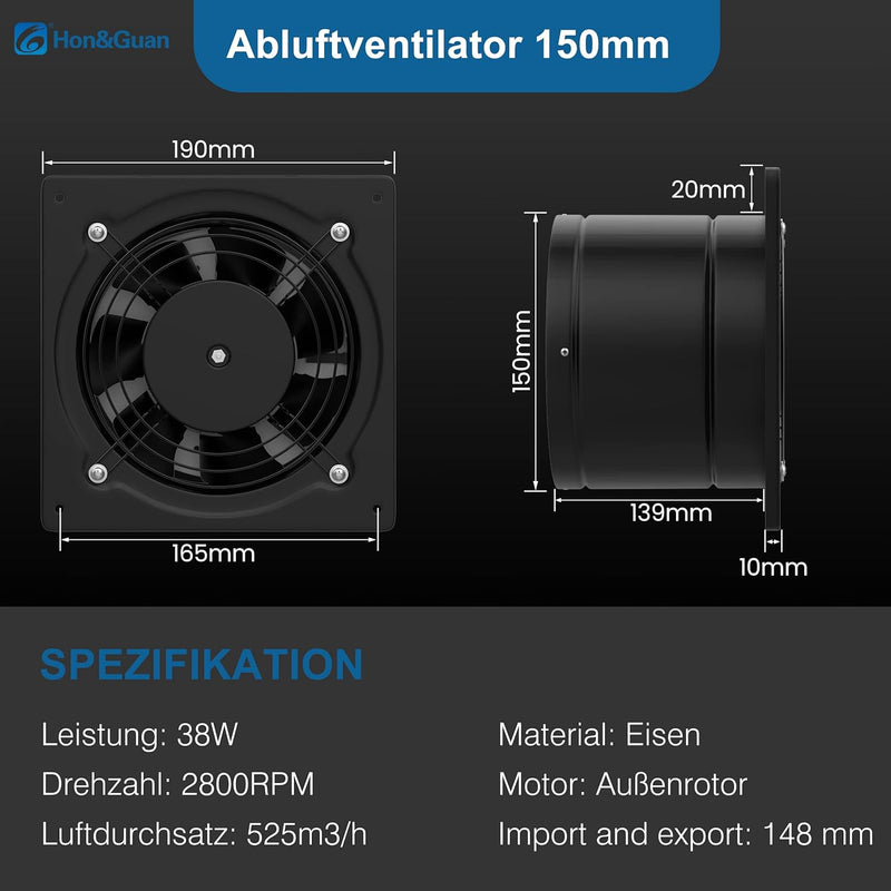 Hon&Guan Abluftventilator 150mm Leise Badlüfter Metal, Wandabluftventilator Industrie VMC Lüfter 38W