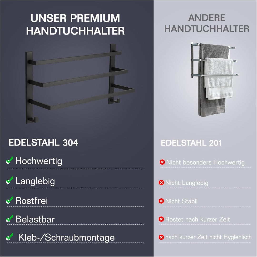 Premium Handtuchhalter ohne Bohren oder mit für Bad | Handtuchstange weit von einander = trockenes B