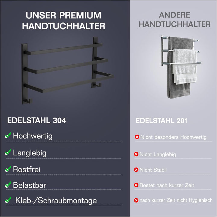 Premium Handtuchhalter ohne Bohren oder mit für Bad | Handtuchstange weit von einander = trockenes B