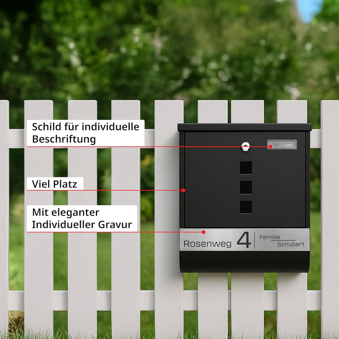 Grafner Briefkasten personalisiert, schwarz mit Zeitungsfach und 2 Schlüssel, V2A Namensschild, Post