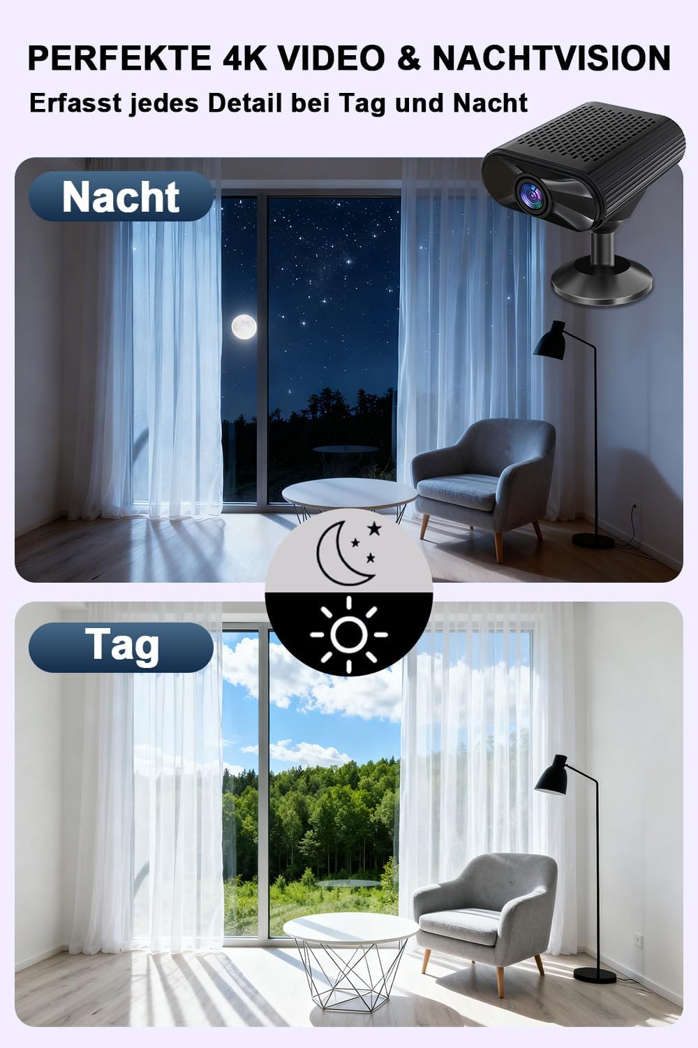 cuoum Mini-Kamera – WLAN Camera mit Live-Übertragung per Handy-App – 4K HD Nachtsicht Kamera mit Bew