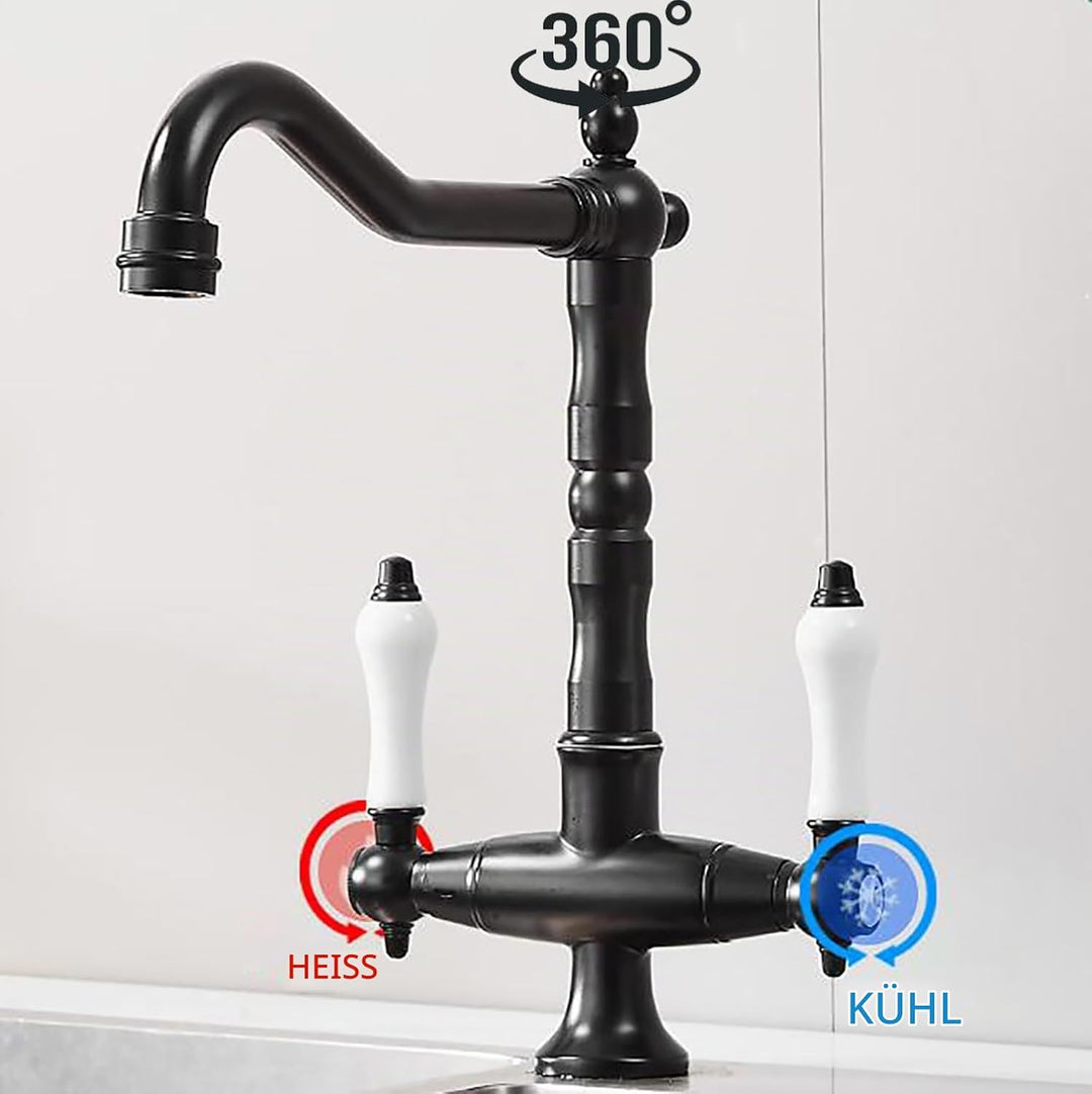 Wasserhahn Küche Antikes Schwarz,Hoch Waschtischarmatur Retro,Zweigriffmischer Badezimmer Waschbecke