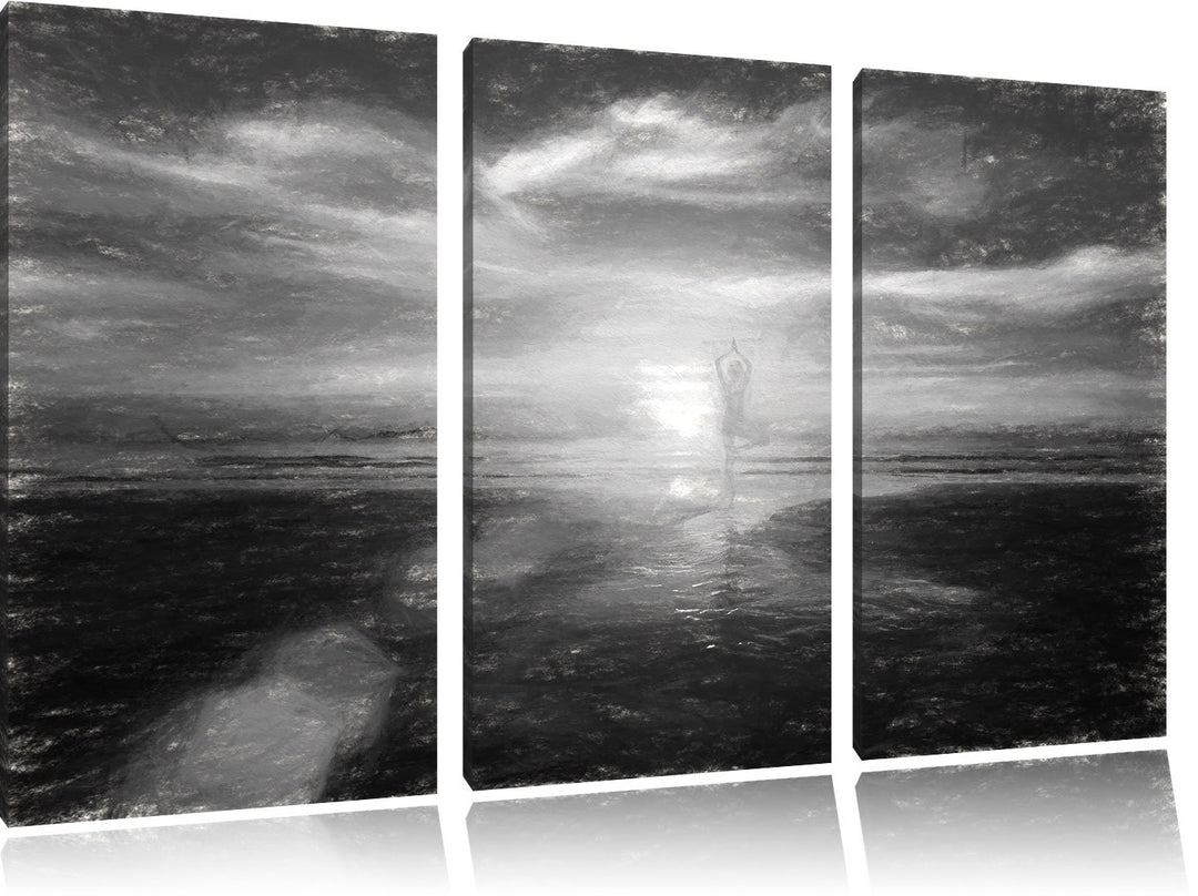 Pixxprint Yoga Silhouette am Strand / 3-Teilig/Gesamtmass 120cm Leinwandbild bespannt auf Holzrahmen