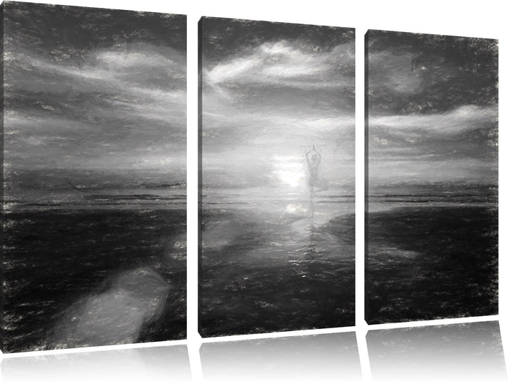 Pixxprint Yoga Silhouette am Strand / 3-Teilig/Gesamtmass 120cm Leinwandbild bespannt auf Holzrahmen