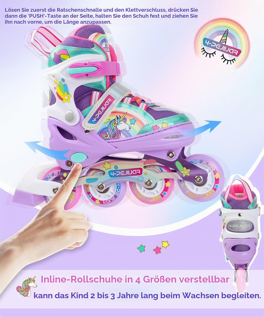Einhorn Inliner für Mädchen Kinder Grössen Verstellbar Regenbogen Inline Skates für Anfänger Teenage