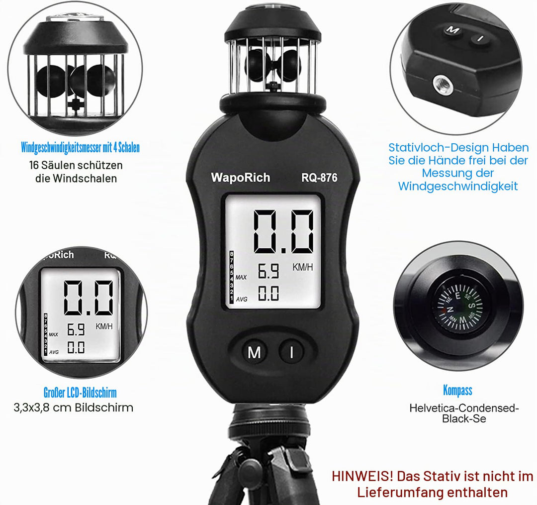 WapoRich Mini Windmesser, 360° Cup-Anemometer Handheld Windmessgerät misst Windgeschwindig 0,7–42 m/
