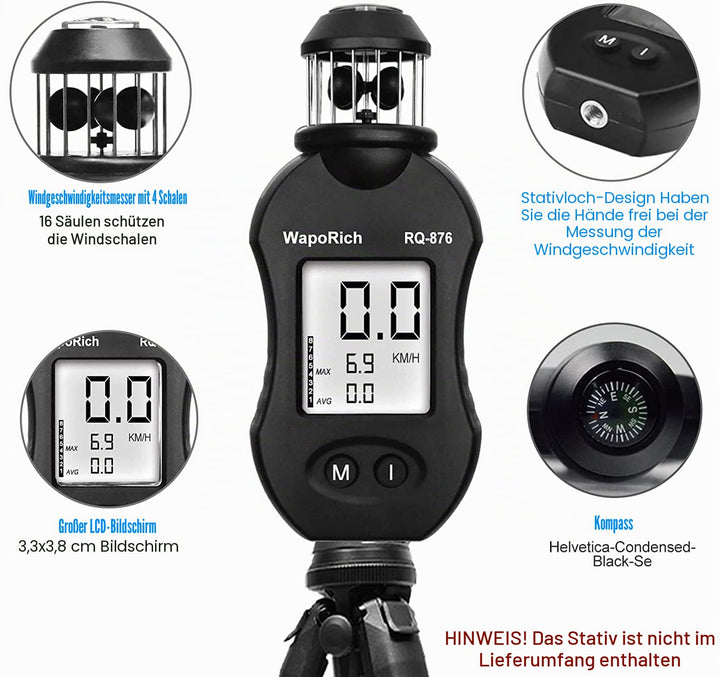 WapoRich Mini Windmesser, 360° Cup-Anemometer Handheld Windmessgerät misst Windgeschwindig 0,7–42 m/