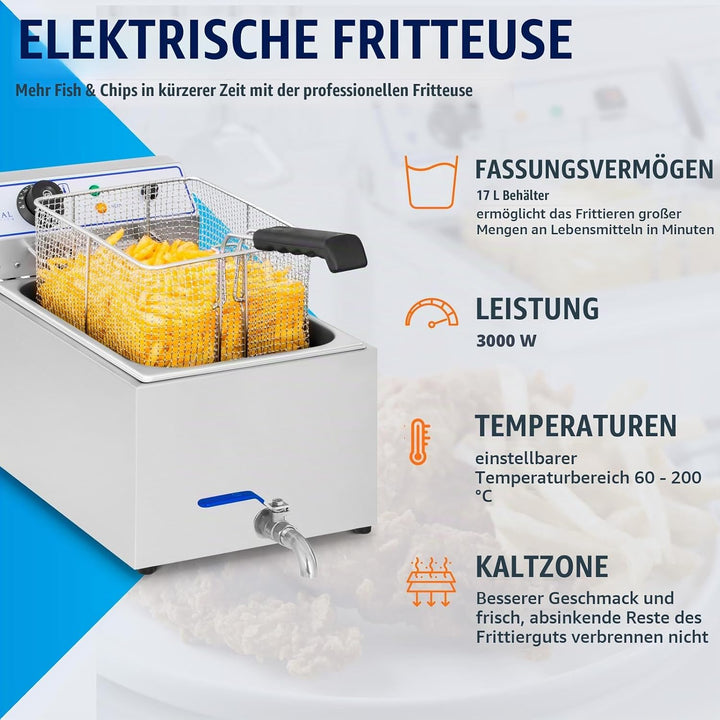Royal Catering Elektro-Fritteuse Edelstahl (Kapazität 17 L, 3.000 W, Thermostat, Temperaturbereich 6