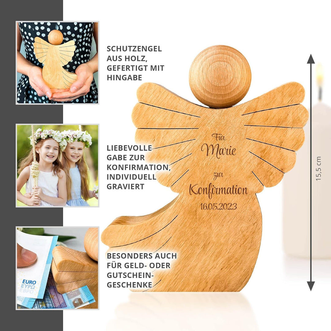 Engel Figur zur Konfirmation, Schutzengel mit Gravur, Personalisierte Holzengel Dekofigur, Konfirmat