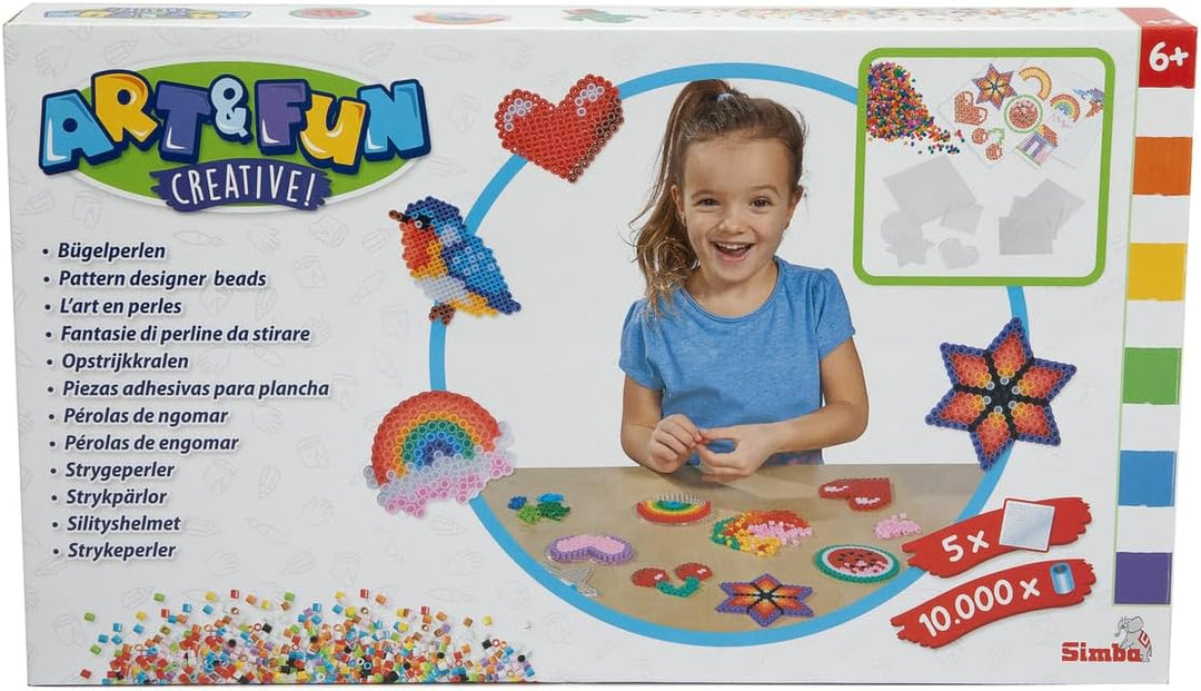 Simba 106374146 - Art und Fun 10.000 Bügelperlen, 5 Steckplatten, Motivvorlagen, Bügelpapier, ab 6 J