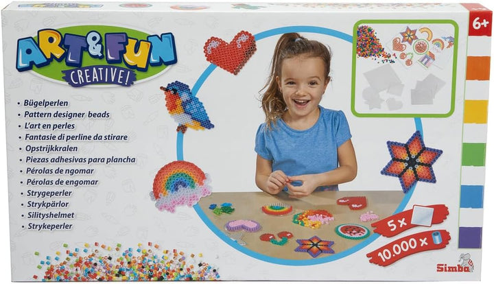Simba 106374146 - Art und Fun 10.000 Bügelperlen, 5 Steckplatten, Motivvorlagen, Bügelpapier, ab 6 J