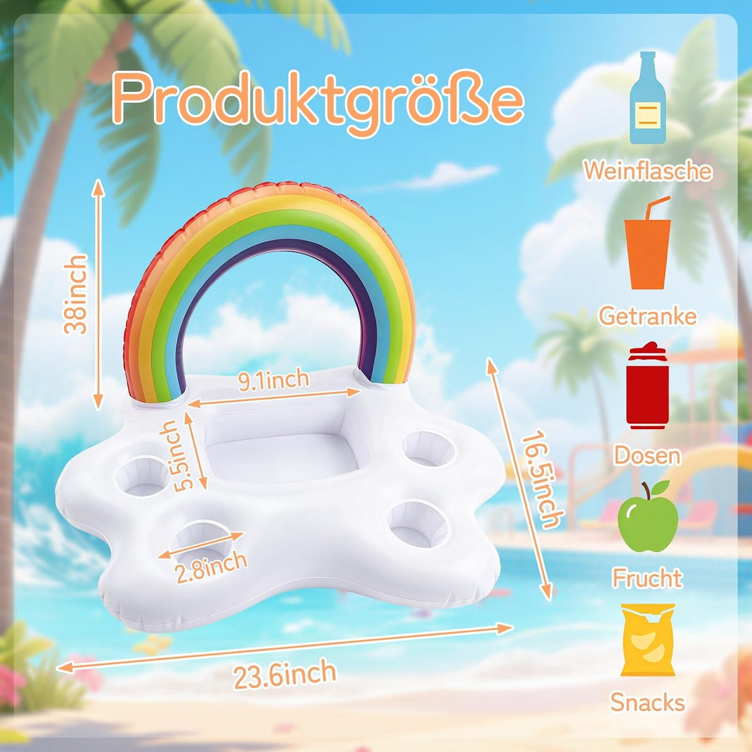 Morofme Regenbogen Getränkehalter Pool, 2in1 Snacks Poolbar Aufblasbar, 5 Löcher Aufblasbarer Geträn
