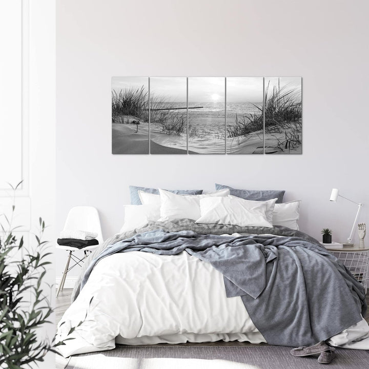 Runa Art Wandbild XXL Strand Sonnenuntergang Schlafzimmer Wohnzimmer 200 x 80 cm Schwarz Weiss 5 Tei