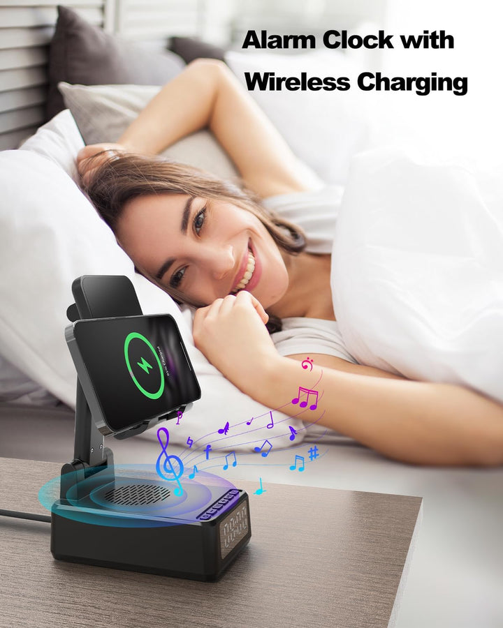 Bluetooth Lautsprecher mit Faltbarer Handyhalterung, 6-in-1 Tragbarer Musikbox, Handy Ständer mit We