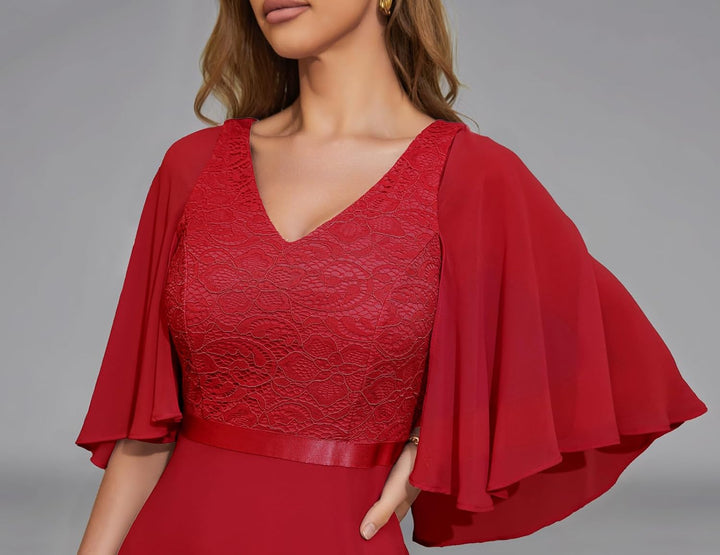 DRESSTELLS Abendkleid Damen Festlich Spitzenkleid für Hochzeit Chiffon Cape Ärmel Ballkleid Elegant