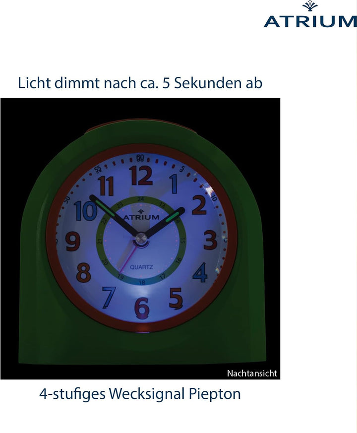 Atrium Kinderwecker Jugendwecker Analog Quarz mit Licht, Snooze &amp; schleichende Sekunde - leise ohne