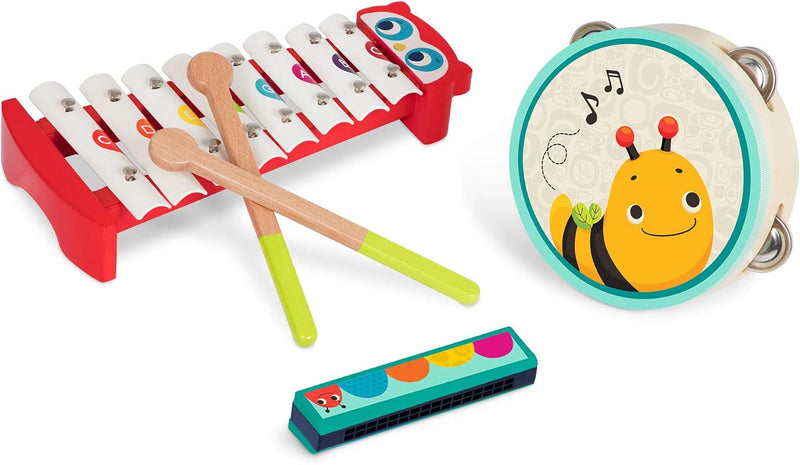 B. toys 3 Musikinstrumente für Kinder aus Holz – Xylophon / Glockenspiel, Mundharmonika, Tamburin –