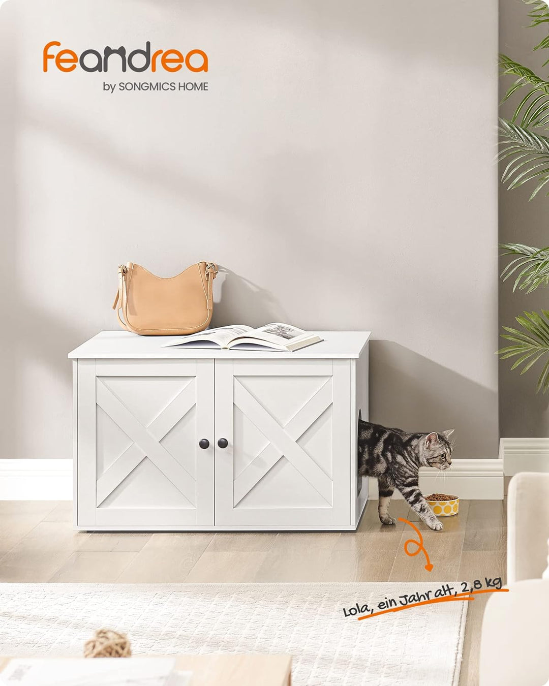 Feandrea Katzenhaus, Katzenklo-Schrank mit herausnehmbarer Trennwand, Tisch, 80 x 53 x 50 cm, weiss